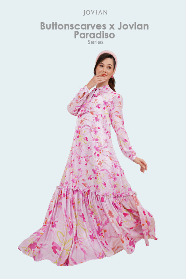 Buttonscarves X Jovian | Paradiso Poppy Long Dress in Pink White (8352175718630)