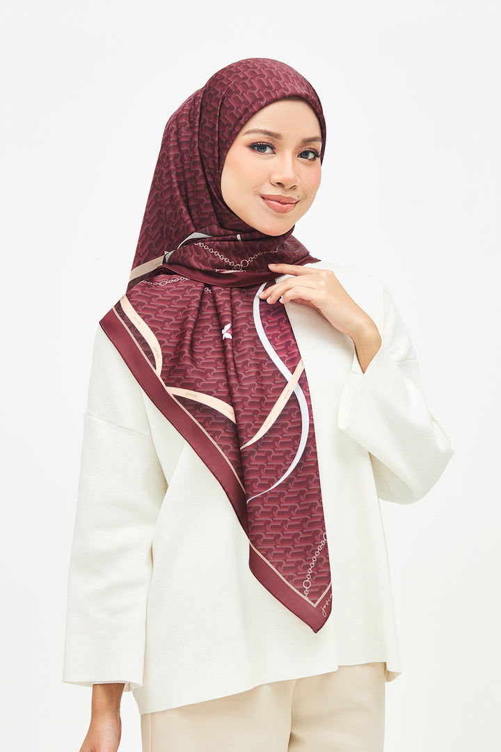 Jovian Hijab | Ruby Monogram Ribbon Chain Printed Satin Square Shawl (8391081296102)