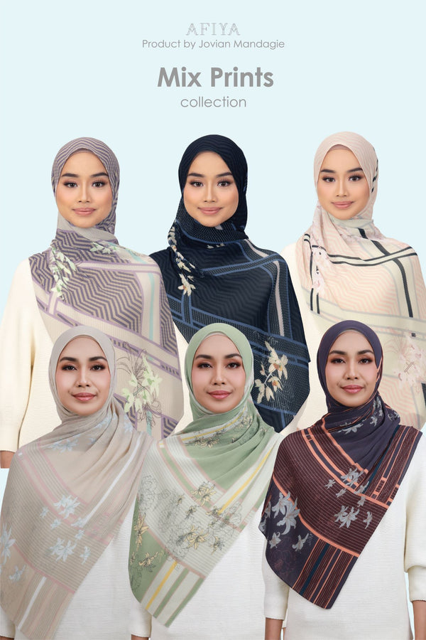Jovian x Afiya Hijab | Mix Prints Series Printed Pleated Long Shawl