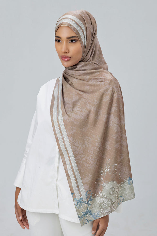 Jovian Hijab Baroque | Daisy Printed Long Shawl Satin In Brownies (7729597153510)