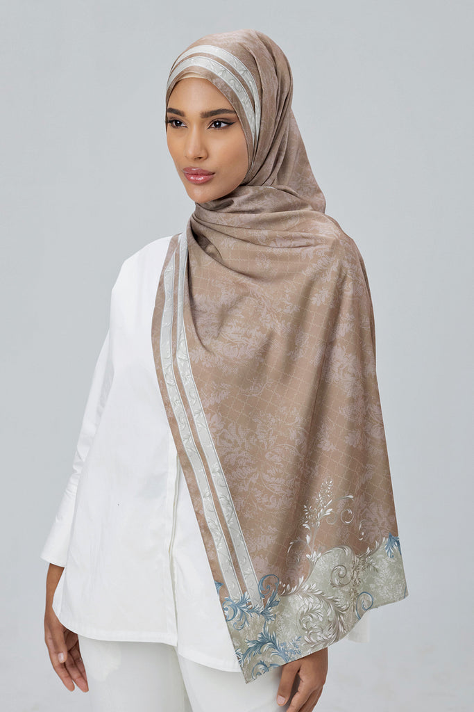 Jovian Hijab Baroque | Daisy Printed Long Shawl Satin In Brownies