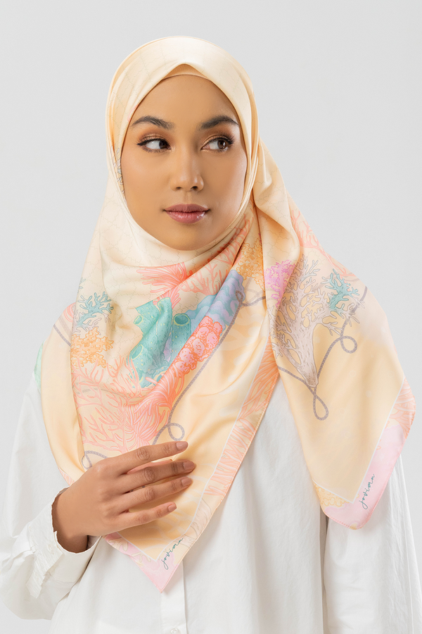 Jovian | Hijab Coral Karina Printed Square Shawl in Pastel Yellow