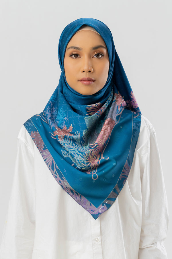 Jovian | Hijab Coral Karina Printed Square Shawl in Midnight Blue