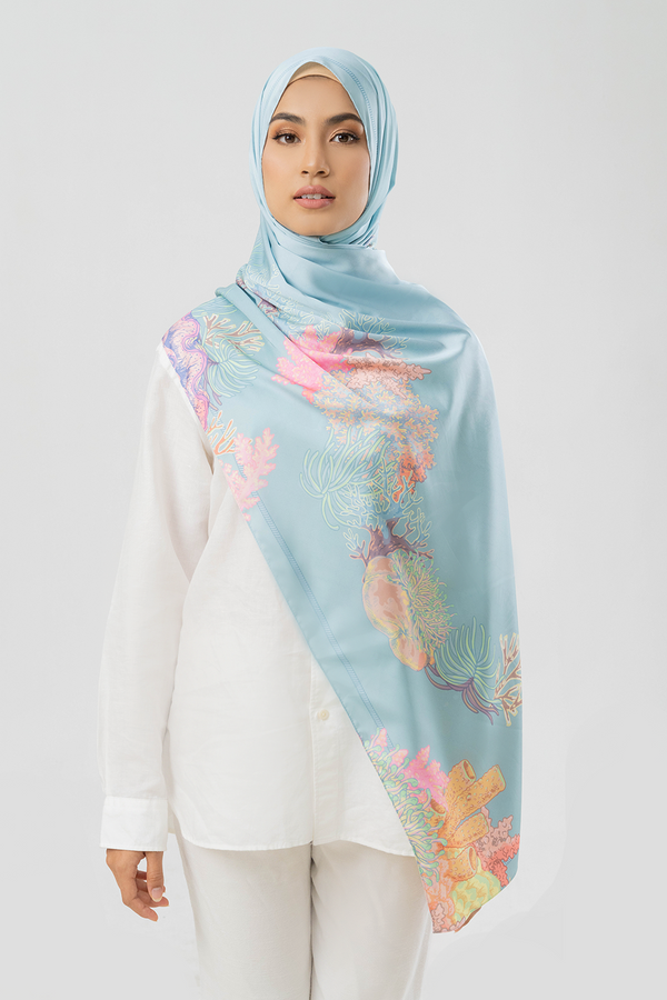 Jovian | Hijab Coral Karina Printed Long Shawl in Baby Blue