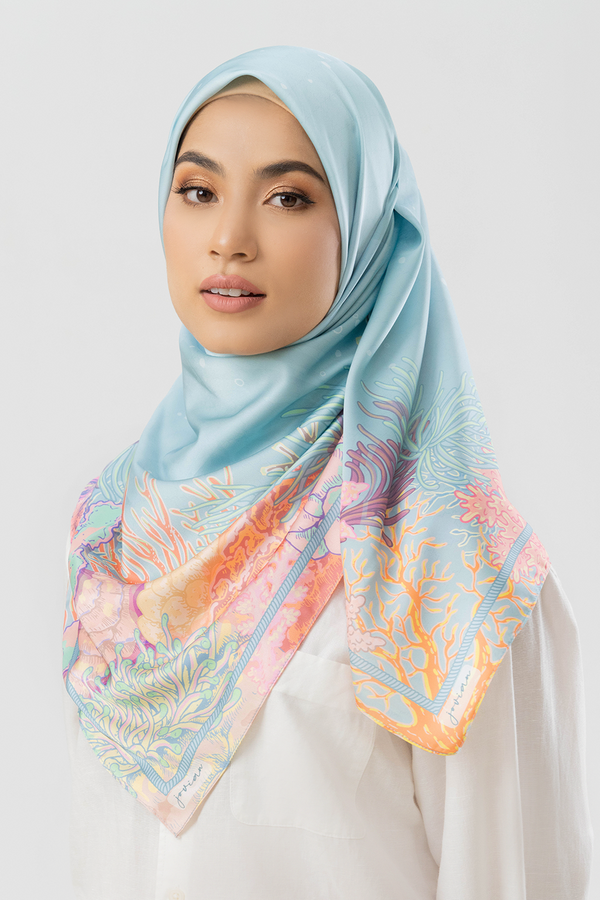 Jovian | Hijab Coral Karina Printed Square Shawl in Baby Blue