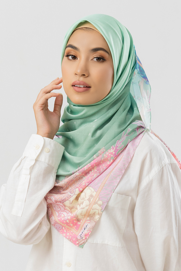 Jovian | Hijab Coral Karina Printed Square Shawl in Sage Green