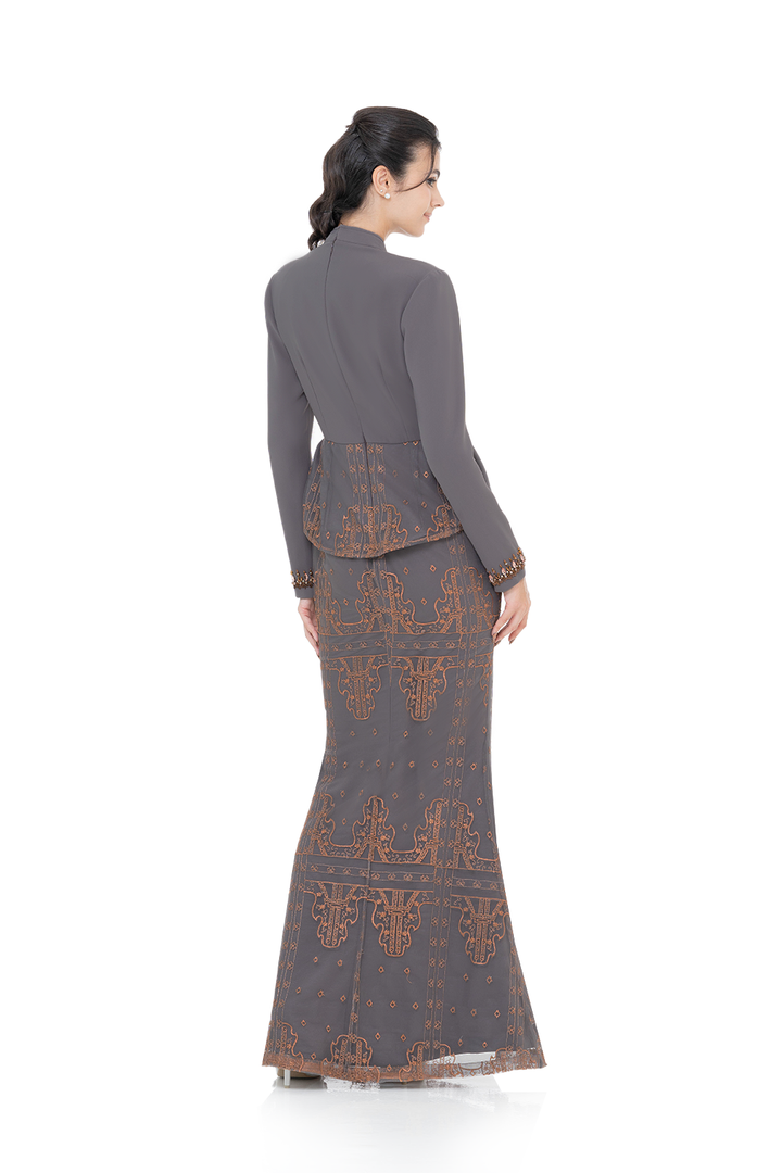 Jovian Luxe Makassar | Lestari Modern Peplum Dress in Grey Brown (8179786088678)