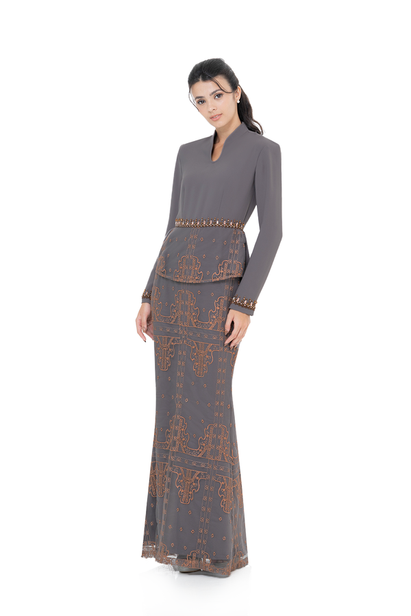 Jovian Luxe Makassar | Lestari Modern Peplum Dress in Grey Brown