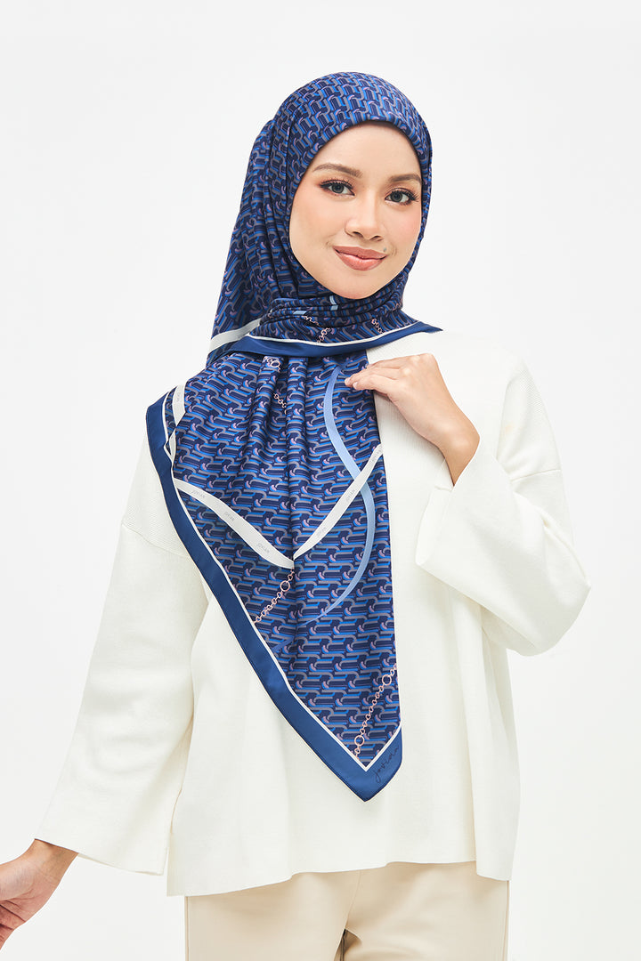 Jovian Hijab | Ruby Monogram Ribbon Chain Printed Satin Square Shawl (8391081296102)